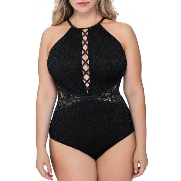Csipkés fekete plus size fürdőruha