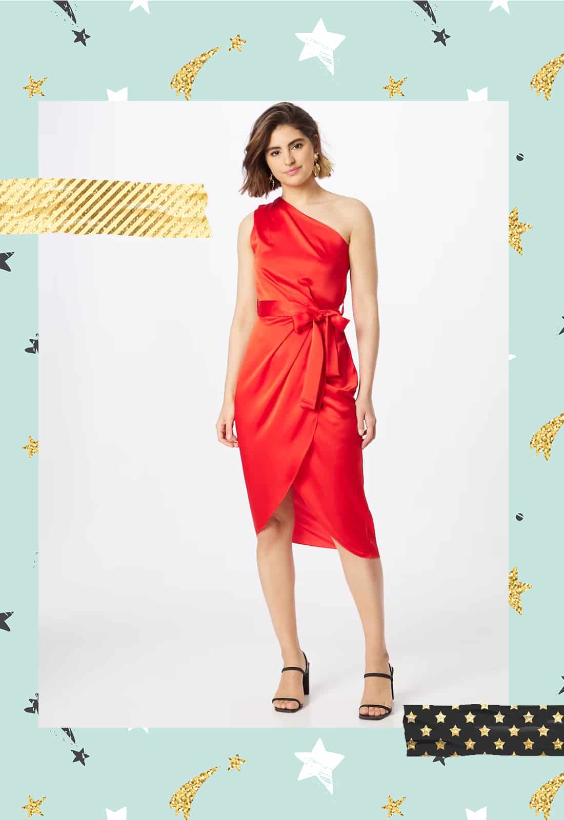 Félvállas élénkpiros masnis ruha