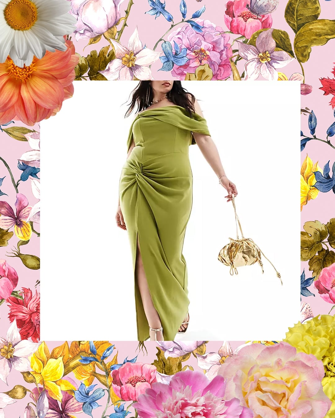 TFNC Bridesmaids Plus bardot maxi dress with pleat in olive