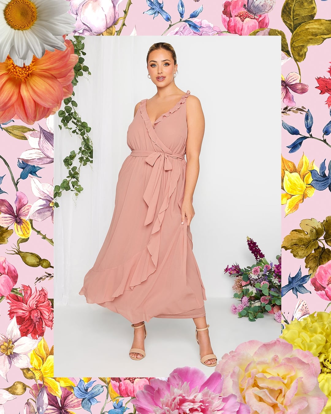 Yours London Curve Pink Ruffle Wrap Dress