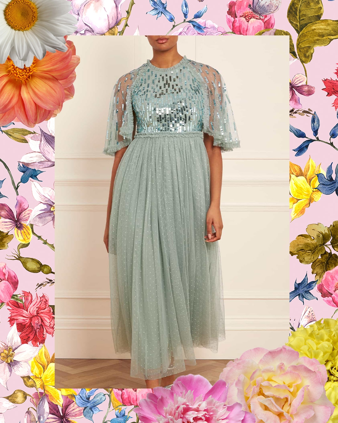 Sequin Dash Bodice Ankle Gown