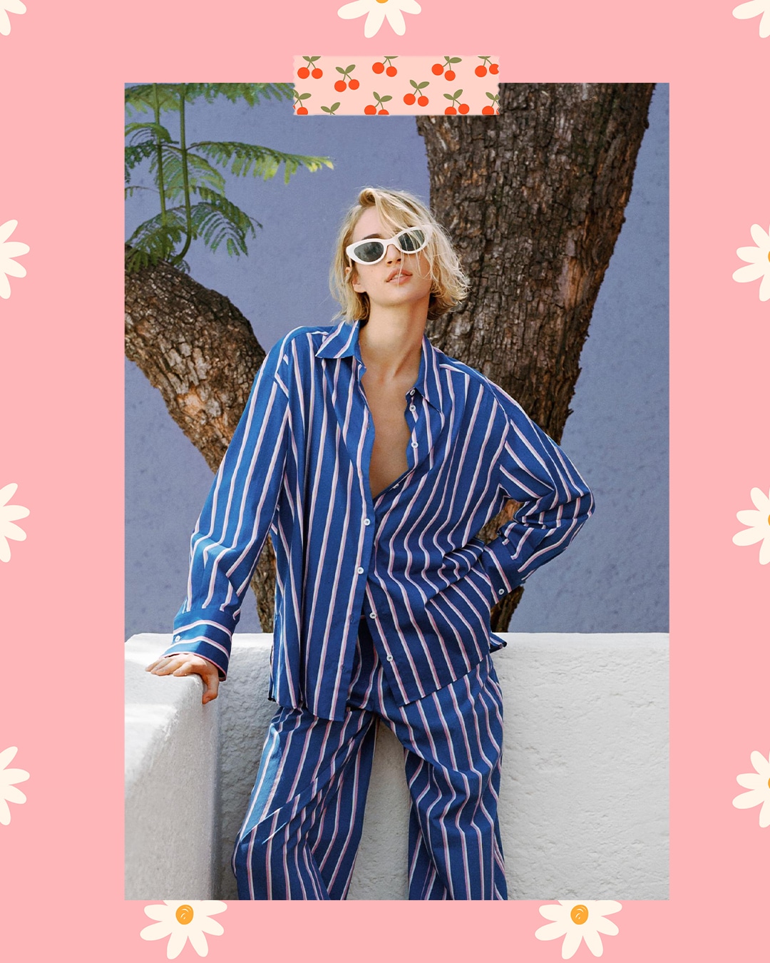 Kék-rózsaszín csíkos nadrág és ing