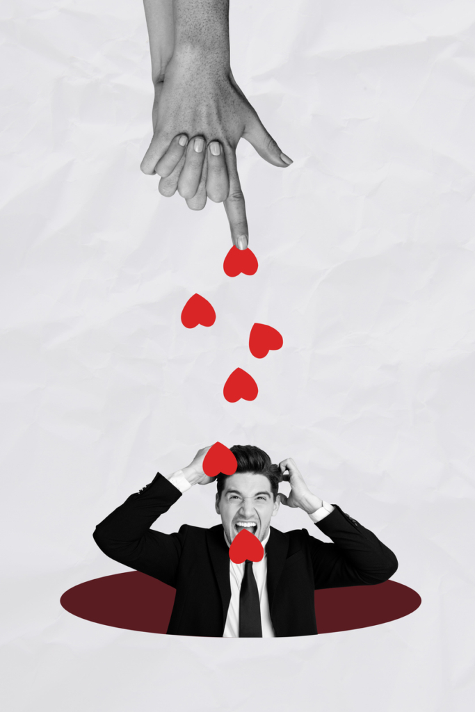 Rajz, női kéz szíveket lő egy férfi felé