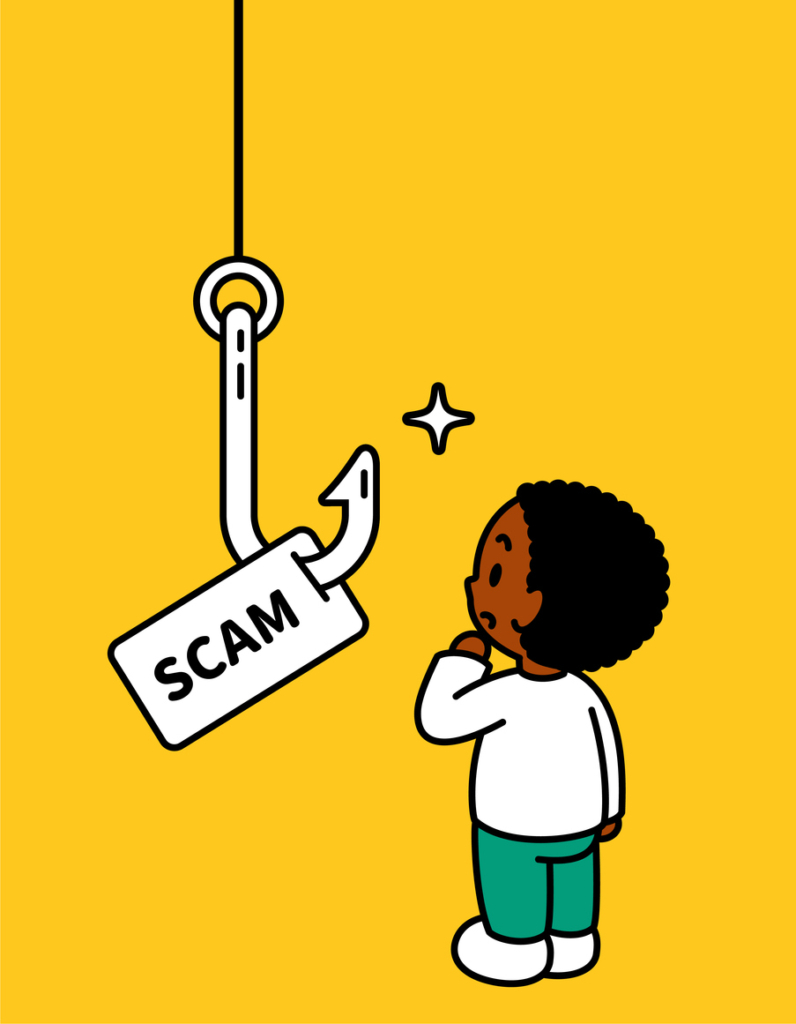 Rajzolt kép egy csalás feliratot elhúz egy horog egy gyerek szeme előtt