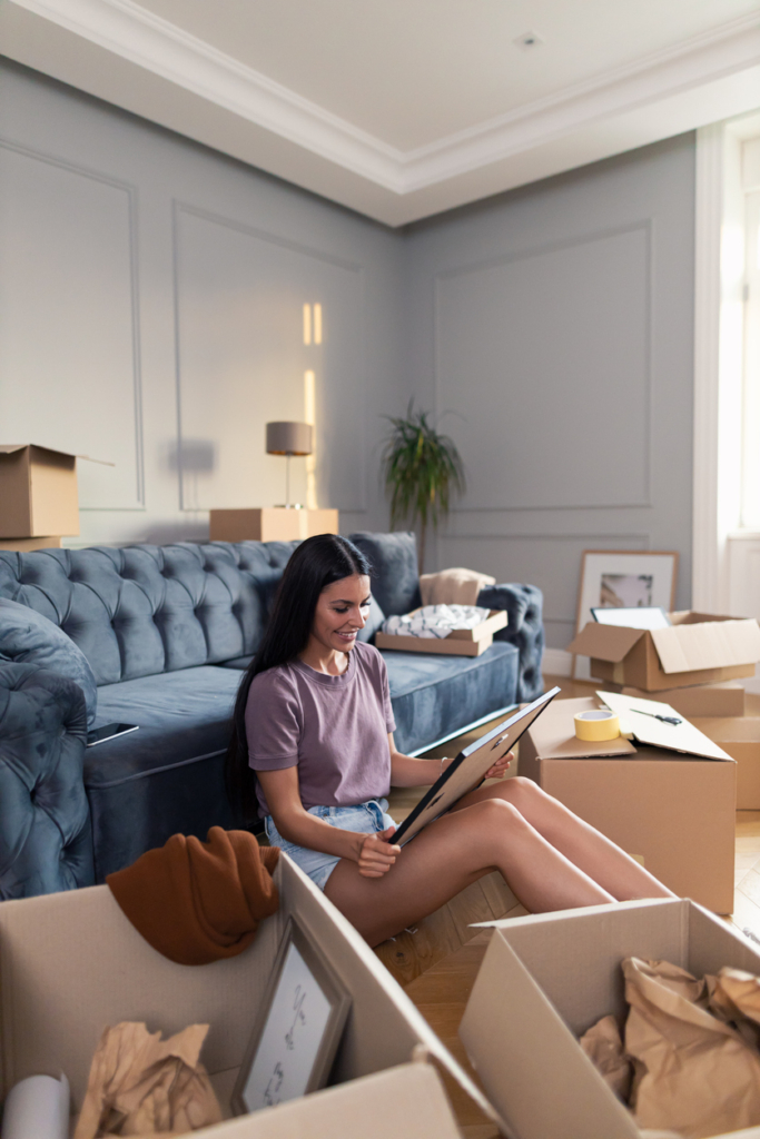 Nő csomagol a lakásában