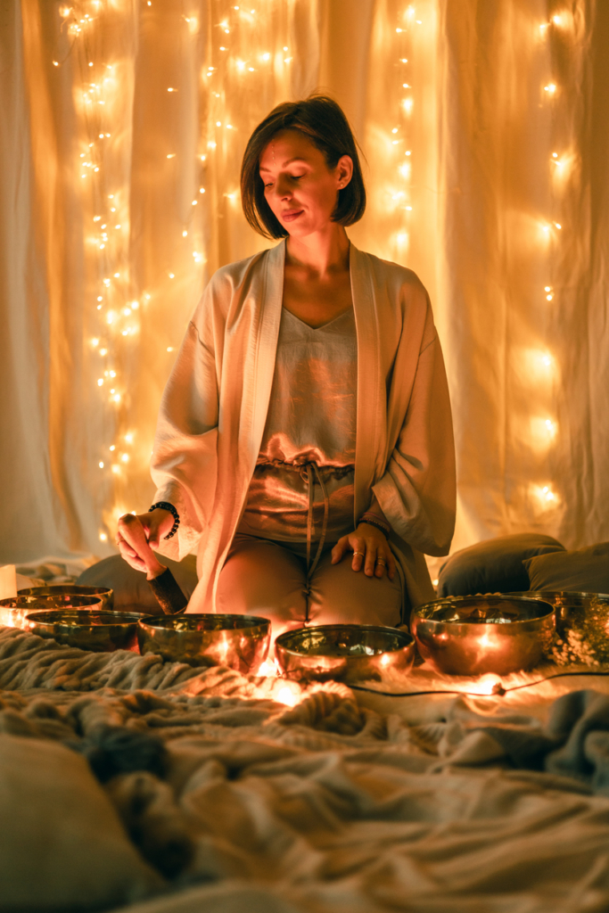 Nő meditáló szertartást tart