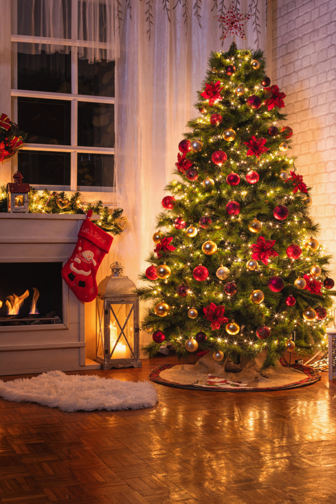 Feldíszített karácsonyfa a kandalló mellett
