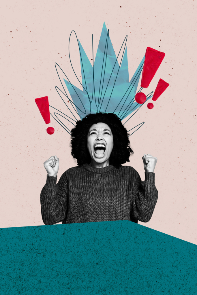 Fotókollázs egy mérges, ideges nőről