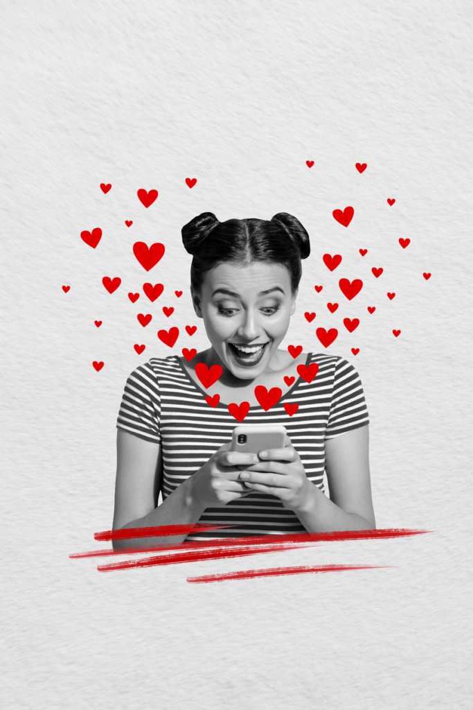 Kollázs, nő mobiltelefonjából szállnak fel a szívecskék