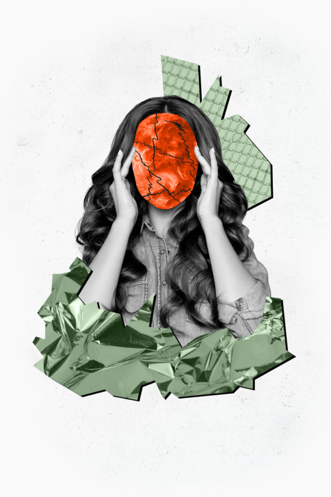 Kollázs: nő túlterhelt a sok gondolattól