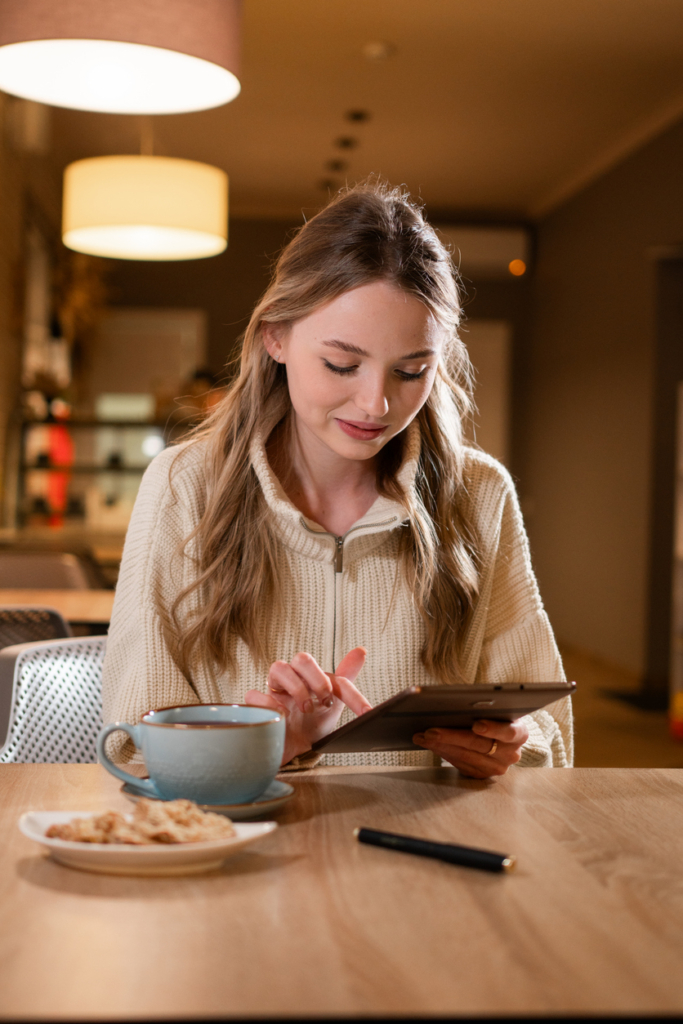 Nő egy kávézóban tabletezik