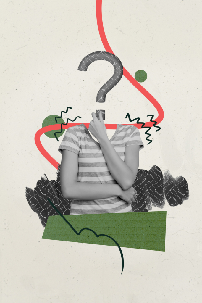 Kollázs, nő feje egy kérdőjel