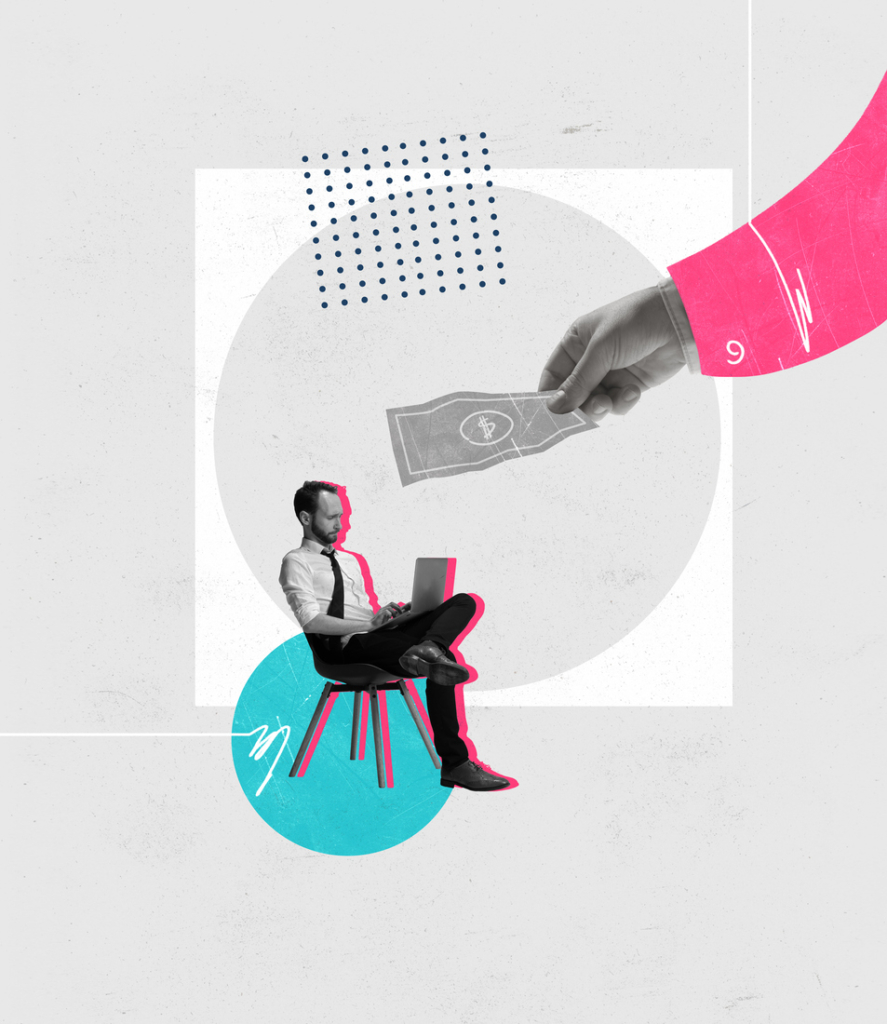 Photo collage, a boss’s hand giving money to an employee
