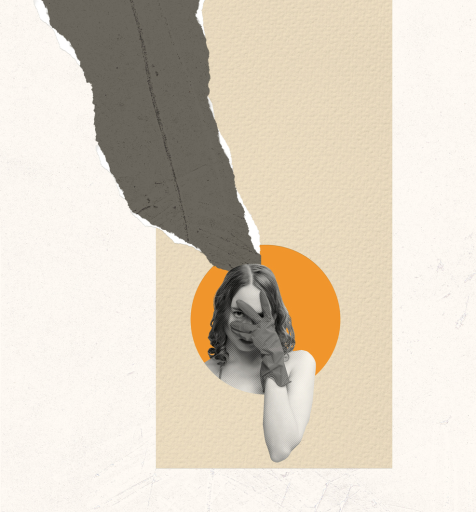 Fotocollage, Frau schaut durch ihre Finger