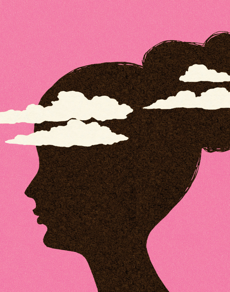 Női fej sziluett, körülötte fehér felhők