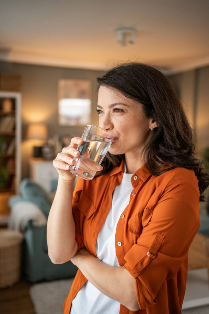 Nő iszik egy nagy pohár vizet