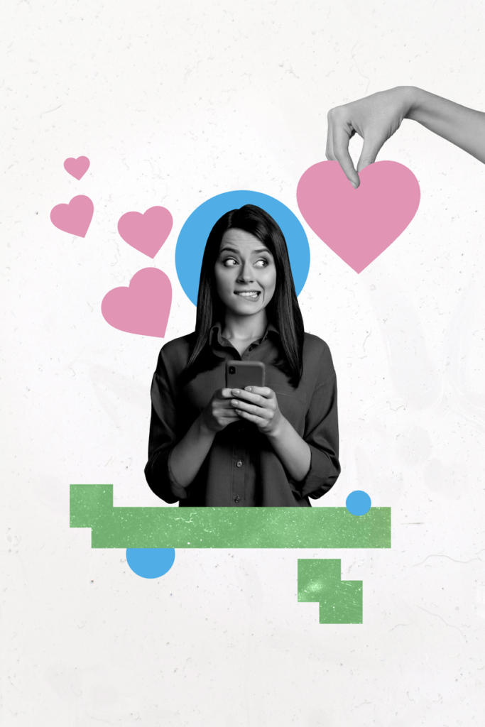Kollázs, nő, körülötte szívek, a kezében telefon