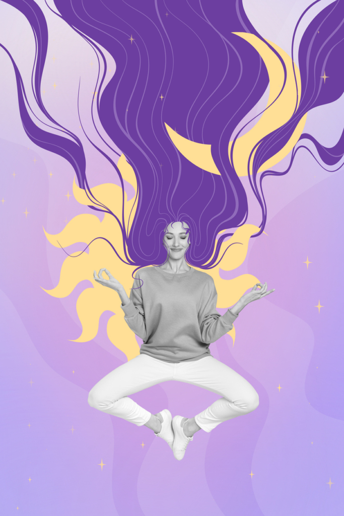 Rajzolt kollázs egy meditáló nőről