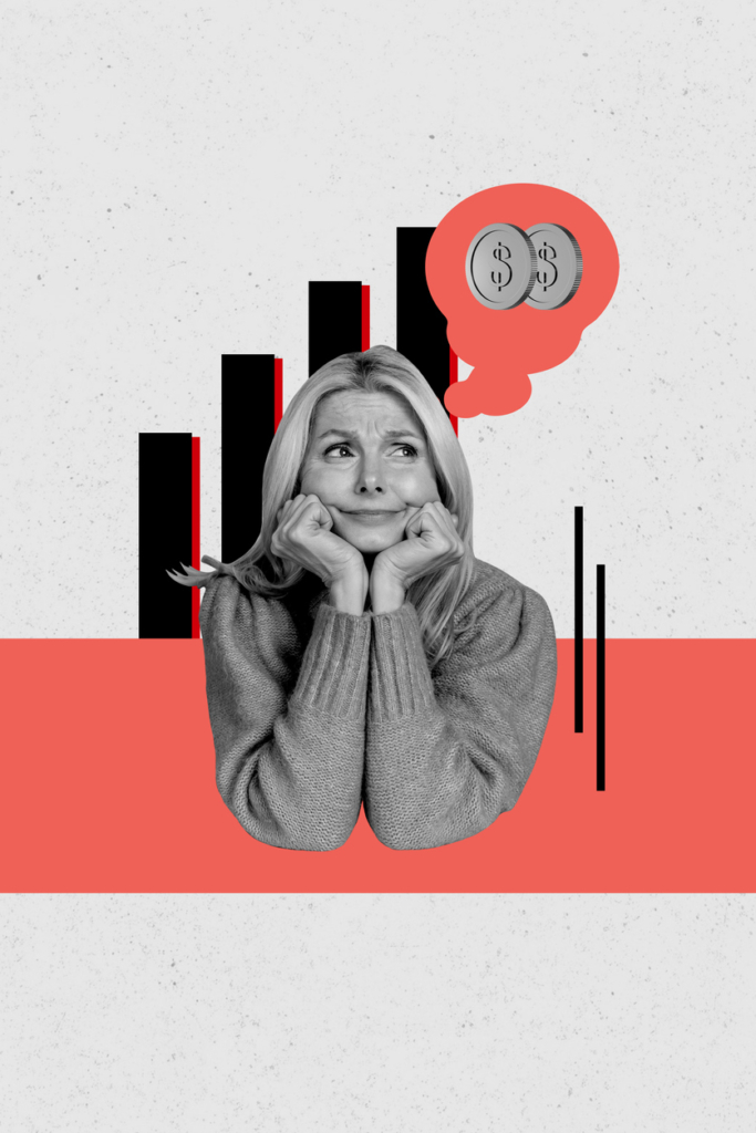 Collage, donna pensa a un aumento