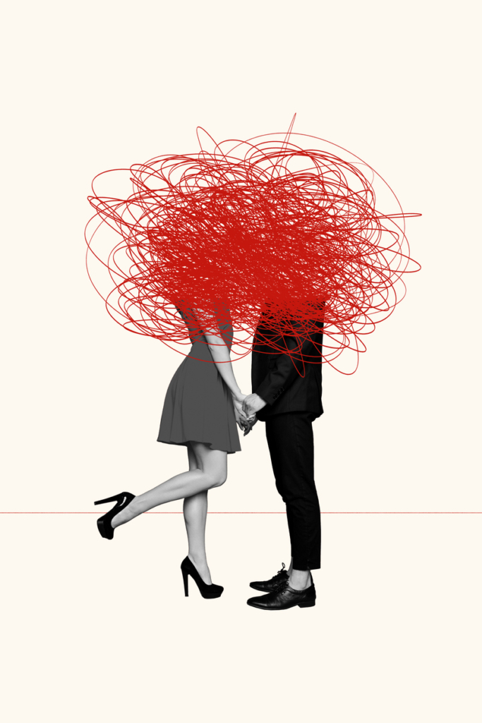 Kollázs, férfi és nő kézenfogva, a fejük lesatírozva