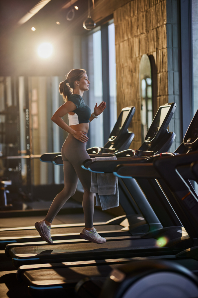 Nő a futópadon egy edzőteremben