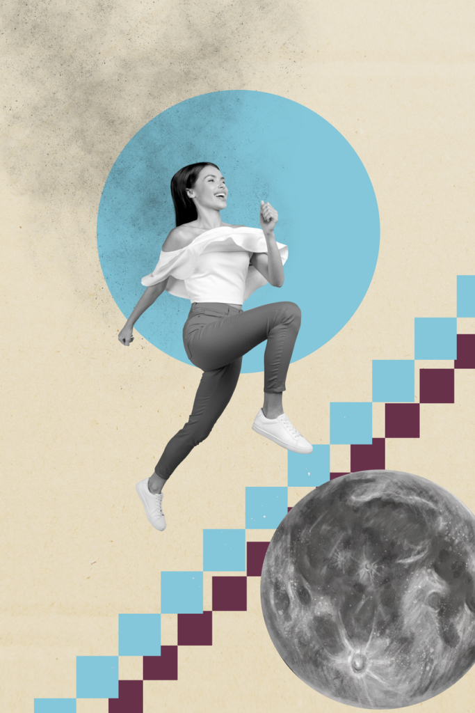 Fotókollázs: nő egy rajzolt lépcsőt mászik meg a bolygók között