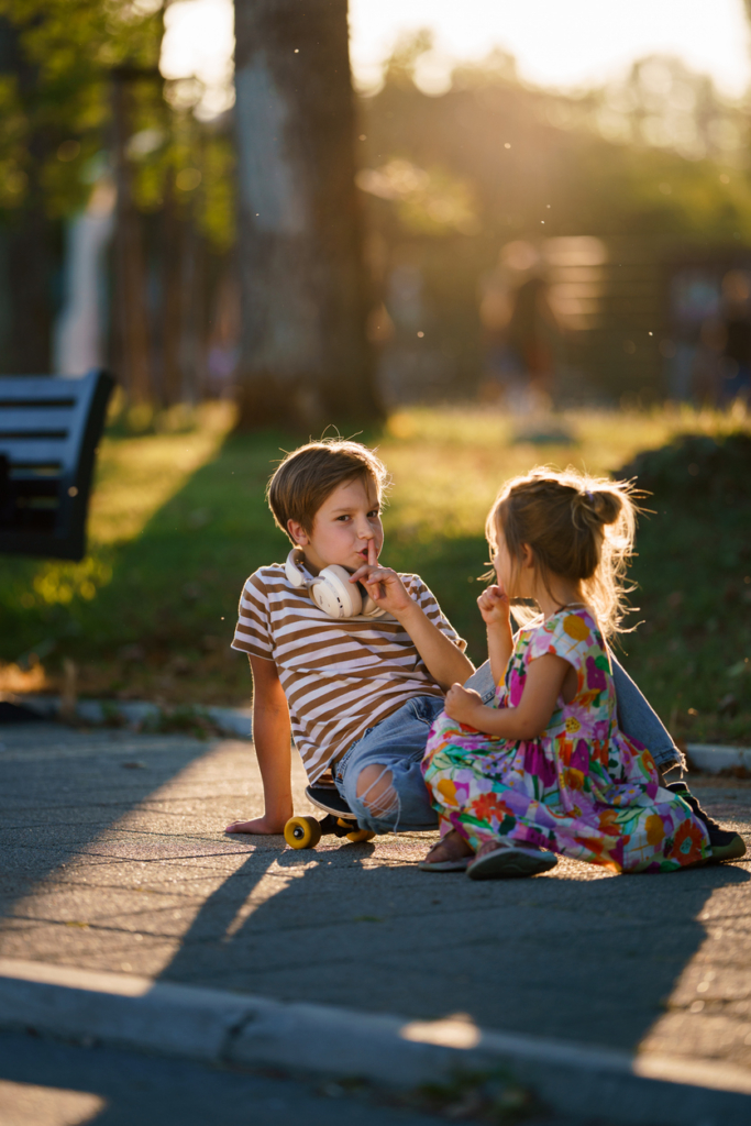 Kisfiú és kilány testvérek a szabadban játszanak