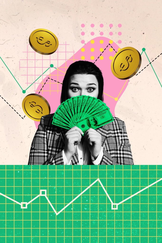 Kreatív kollázs: nő legyezőként pénzt tart a kezében mögötte apró pénzek hullanak