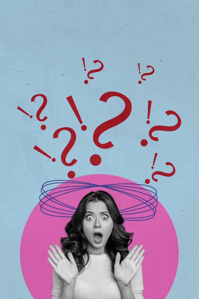 Fotókollázs: Nő kétségbeesetten gondolkodik