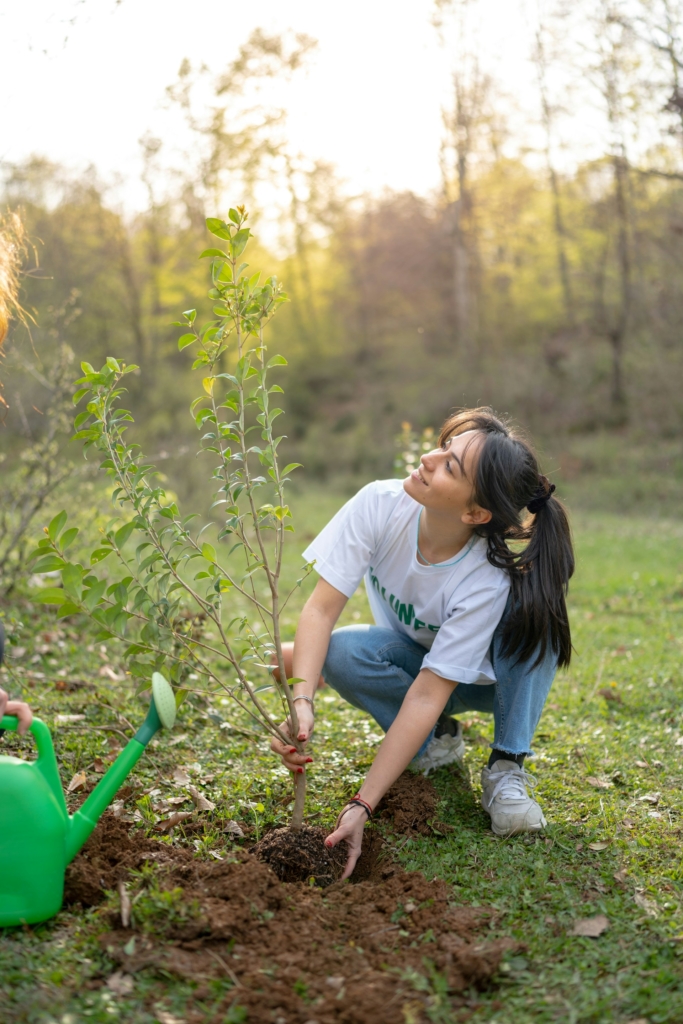 Nő egy kis fát ültet a kertbe