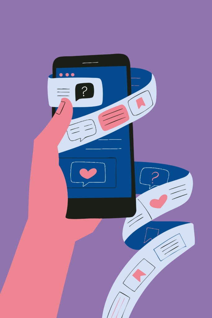 Vektoros rajz: női kéz mobilt tart, amit egy lájkokkal, kommentekkel teli szalag fon körül