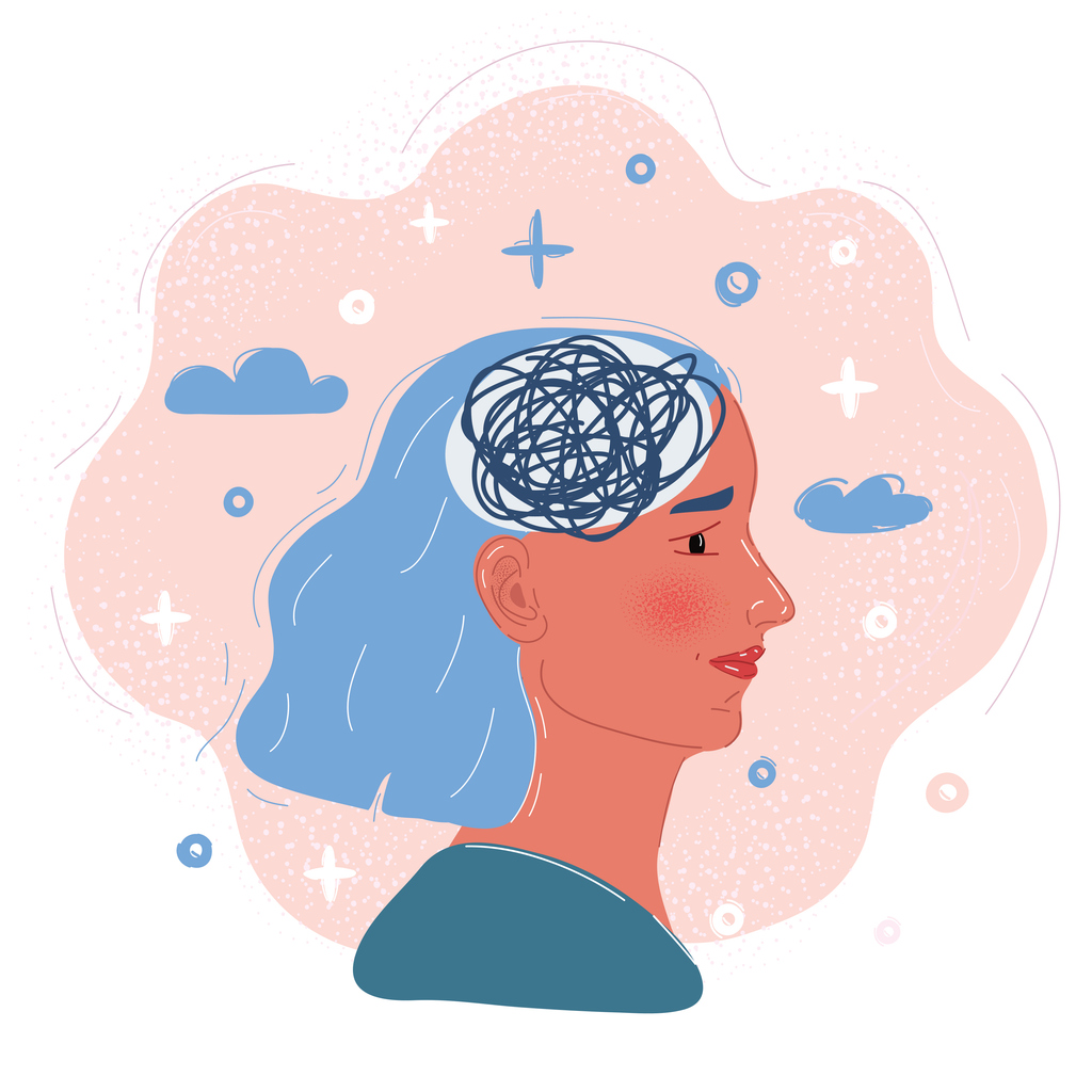 Vektoros rajz: nő összekuszált gondolatokkal