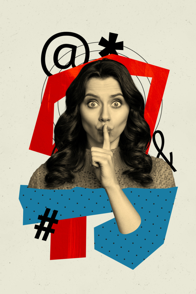 Photo collage: woman putting finger to lips, surrounded by various punctuation marks