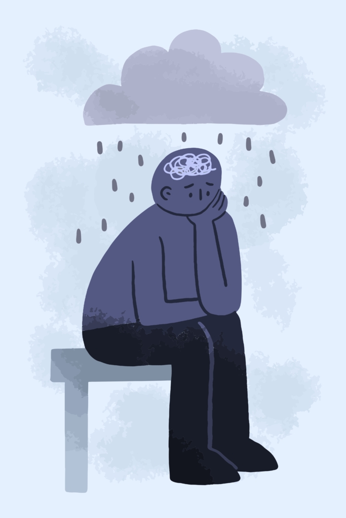 Vektoros rajz: szomorú alak ül egy padon az esőfelhő alatt