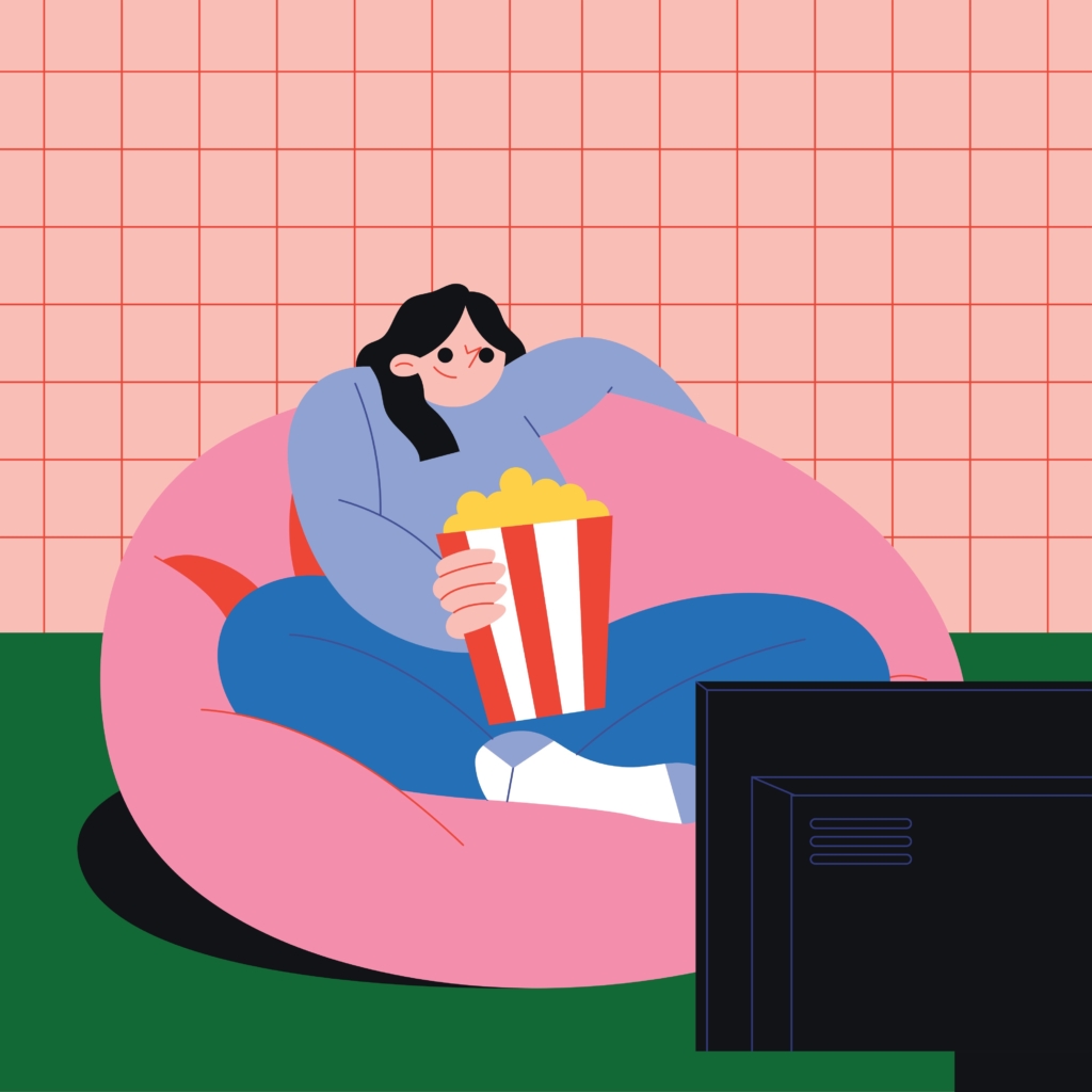Vektoros rajz: női alak popcornnal ül a TV előtt