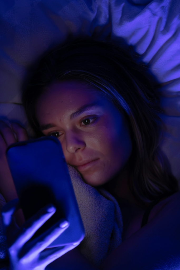 Nő, aki éjszaka görgeti a telefonját