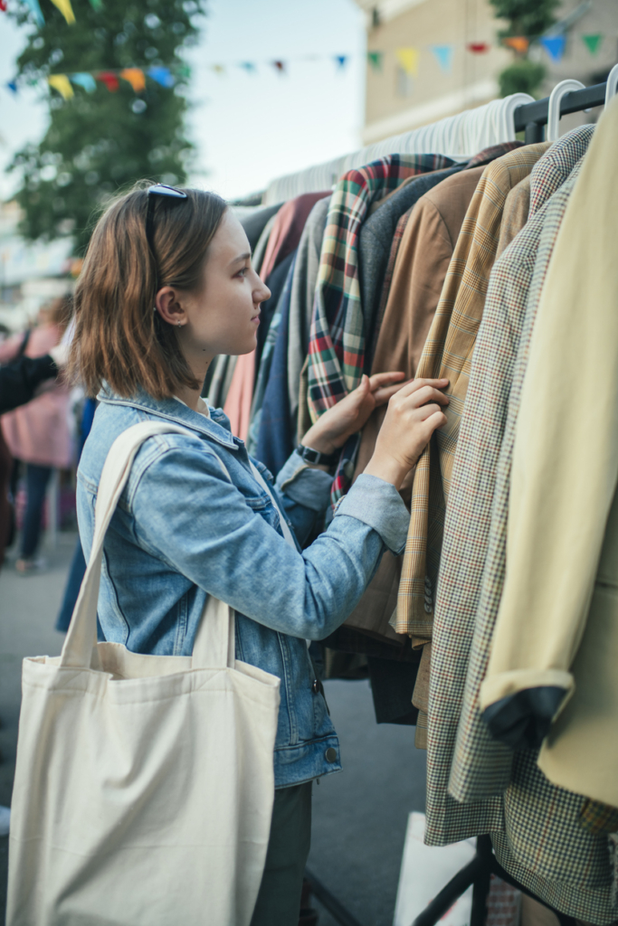 Nő egy second hand vásárban válogat